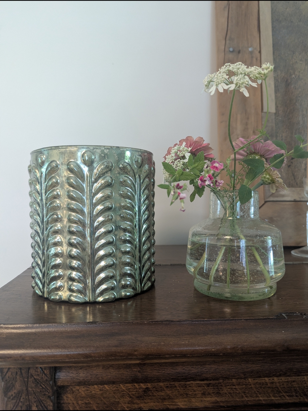 Green Mercury Glass Candle Holder Vessel Embossed Leaf Pattern Vase